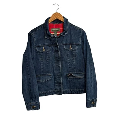 Chaqueta de mujer Eddie Bauer grande Petite LP de mezclilla con botones forrada a cuadros Foto 1 de 4