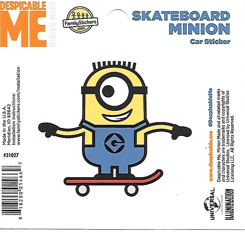 Despicable Me Skateboard Minion Figure Peel Off Car Sticker Decal NEW UNUSED