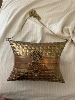 Vintage Small Brass Pillow Purse With Purple Velvet Liner - Image 1 of 4