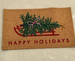 POTTERY BARN HAPPY HOLIDAYS DOORMAT CHRISTMAS TREE ON SLED 18" X 30" - Picture 1 of 7