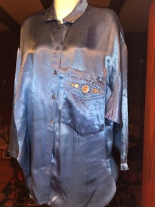 Vintage MICHAEL SEROY Acetate Satin Sapphire Blue Asymmetrical Tunic Shirt Top M - Picture 1 of 7