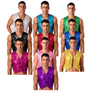 Men's Shiny Sparkly Sequins Vest Slim Fitted Tank Tops Sleeveless Clubwear AU - Picture 1 of 97