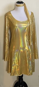 Gold Iridescent Disco Gogo Bellsleeve Dress - Picture 1 of 8