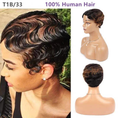 Short Wig Black Brown Curly Wig Finger Wave 100% Human Hair Full Wig Fashion Wig - Image 1 of 4