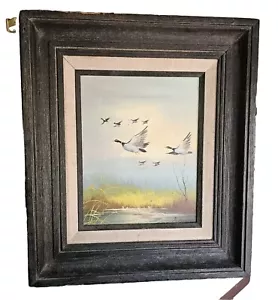 Ducks Flying Over Marsh Oil On Canvas Signed R. Burton Vtg Framed Matted 8x10 - Picture 1 of 7