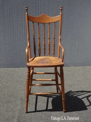 Antique French Country Petite Barstool with Leather Seat and Decorative Nails - Image 1 of 4