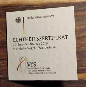 Zertifikat für Goldmünze 20 Euro Heimische Vögel Wanderfalke 2019 - Bild 1 von 3