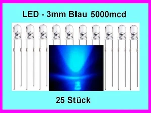 LED - 3mm Blau 5000mcd Lampe Extreme Helle Geführte Glühbirne / 25 Stück Neu - Bild 1 von 7