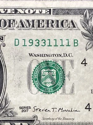 Birthday Note 1933 / 11 / 11 Fancy Serial Number $1 One Dollar Anniversary Bill - Image 1 of 3