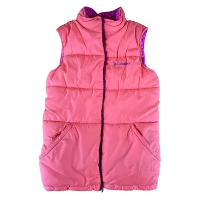 Columbia Girls L 14-16 Chaleco acolchado reversible rosa púrpura polar capa de lunares Foto 1 de 4