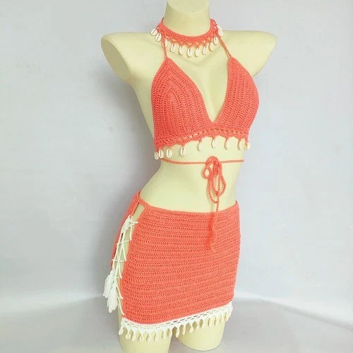 Conjunto de 3 piezas de bikini crochet con borla bikini top cadena al tobillo sexy falda de encaje  Foto 1 de 4