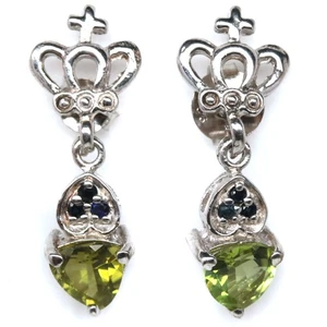 925 Sterling Silver 6 x 6 mm. Green Peridot & White Zircon Earrings - Picture 1 of 4