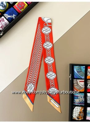 Sallys 18 Momme Twill Silk Scarf Ribbon Chains Print Hair Bag Neck Tie 85*5cm - Image 1 of 4