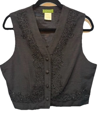 Chaleco Esprit Vintage Negro Para Mujer Talla Pequeña Con Cuentas Botón Delantero Retro Y2K Foto 1 de 4