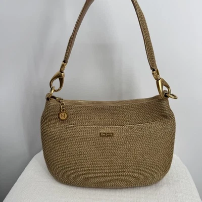 Eric Javits Squishee Woven Shoulder Bag Tan Gold Hardware EJ Charm Hobo Purse - Image 1 of 4