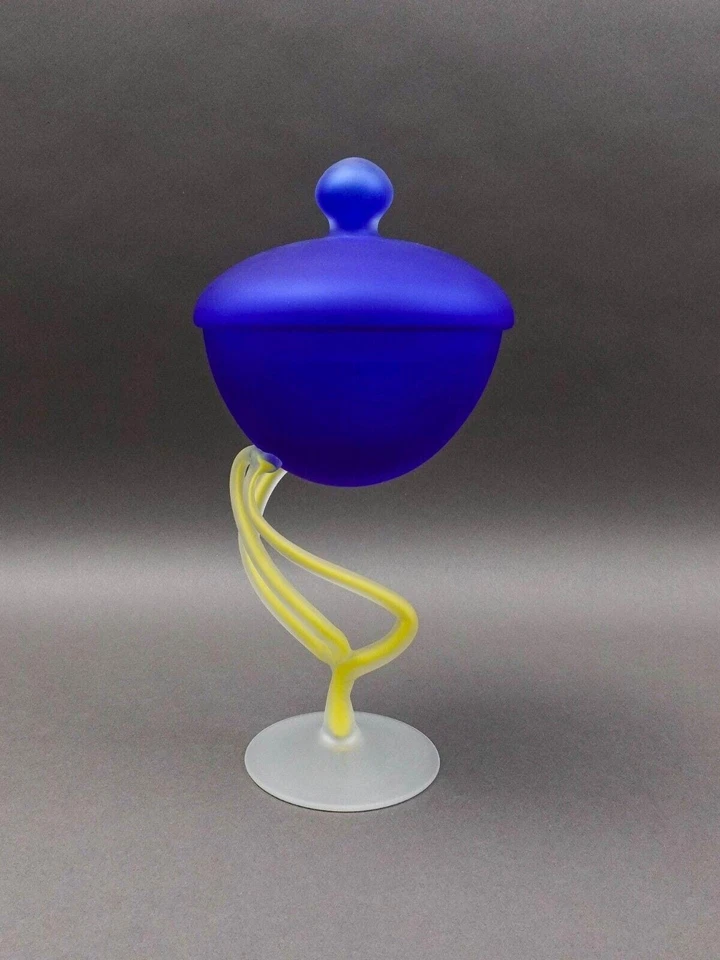 Josefina Krosno Poland Jelly Fish Blue & Yellow Art Glass Compote Bowl Sculpture - Image 1 of 4