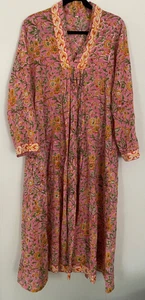 Hand Block Floral Summer Cotton Maxi Flared Sleeve Boho Hippie V Neck Sz L Dress - Picture 1 of 9