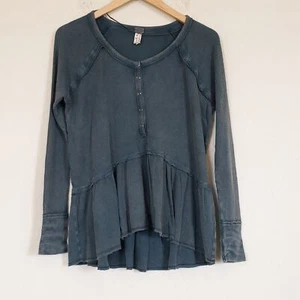 Free People Waffle Knit Henley Coastline Peplum Long Sleeve Shirt Women's XS - Picture 1 of 9