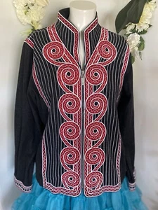 Bob Mackie Wearable Art Dark Gray Denim Jacket Coat Embroidered Design Sz Large - Picture 1 of 24