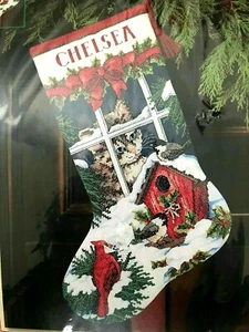 Dimensions 8754 Windowsill Pals Cross Stitch Stocking Kit - Kitten, Cardinal - Picture 1 of 1