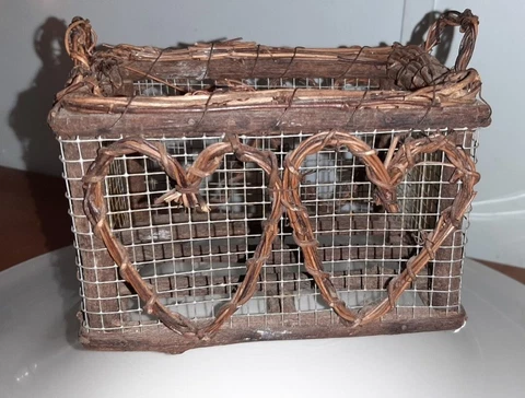 Small Wood And Wire Handmade Basket With Heart Accents Cover