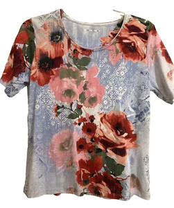 ALLISON DALEY Top Tunic T Shirt Boho Pink Red Chambray Blue Floral PS - Picture 1 of 5