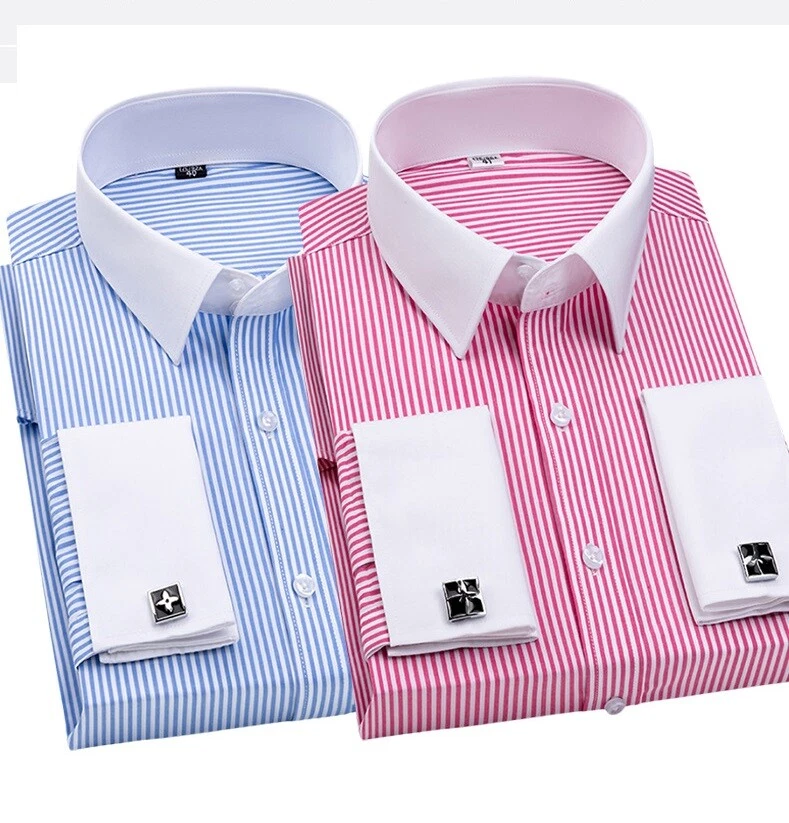 Mens Dress Shirts The White Collar Luxury Slim Fit French Cuff Formal Shirts Top - Image 1 of 4