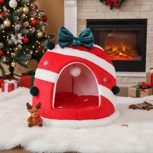 Christmas Cat Bed for Indoor Cats Cute Pet Cave Bed for Small Dog Puppy Cats - Picture 1 of 6