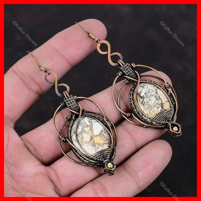 Brecciated Mookaite Stone Copper Mother Hook Dangle Drop Wire Wrapped Earrings - Image 1 of 4