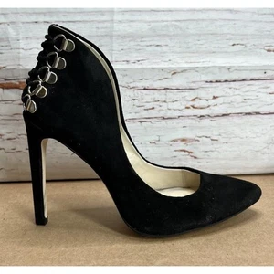 BCBG Crucial Black Suede Leather Pump Shoe Heel 5.5 M Gold Accents 4" Stiletto - Picture 1 of 9