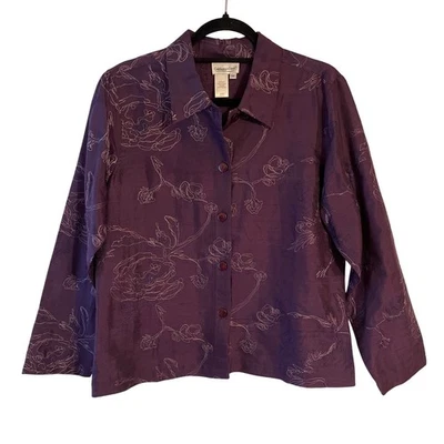 Coldwater Creek Purple Silk Blend Floral Embroidered Button Down Jacket Medium - Image 1 of 4