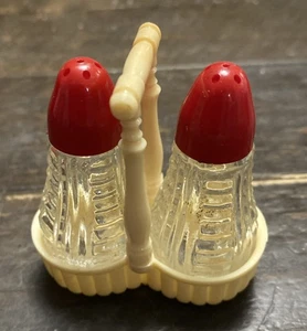 Vtg Lapin MCM Small Red Lids Salt & Pepper Shakers in Carrier 1950’s - Picture 1 of 9