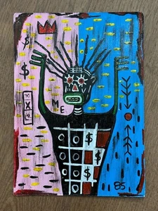 Jean Michel Basquiat (Handarbeit) Acryl auf Postkarte Gemälde signiert und gestempelt - Bild 1 von 2
