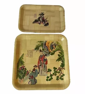 Vintage Painted Bamboo Square Plates Set Traditional Taiwan Art - Picture 1 of 8