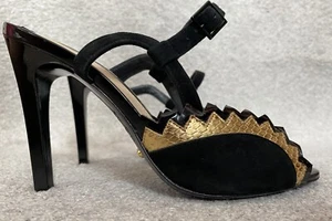 KAT MACONIE black leather open toe heels sz.7 - Picture 1 of 8