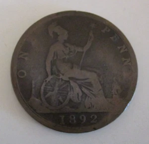 Moneda de un centavo de Gran Bretaña/Reino Unido de 1892 - Britannia y la reina Victoria - circulada - Imagen 1 de 4