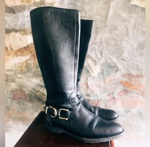 Burberry Black Equestrian Pebbled Leather Horsebit Tall Boots Women’s 37.5 US 7 - Picture 1 of 15