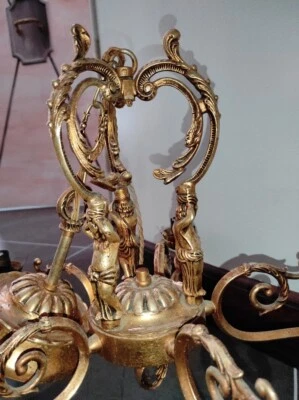 Ancien Lustre à 5 Branches en Bronze Doré et ses 8 Cariatides - Photo 1/4