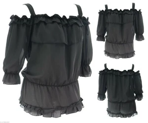 Women Sexy Black Gypsy Strap Tunic Top Ladies Plus Size Elastic Frill Top 16-24 - Picture 1 of 4