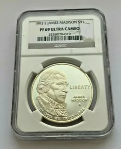 1993 S SILVER JAMES MADISON NGC PF 69 ULTRA CAMEO SILVER BICENTENNIAL $1 COIN - Picture 1 of 4