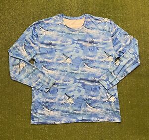 Guy Harvey Marlins Graphic Blue Ocean Performance Long Sleeve Shirt. Size XL