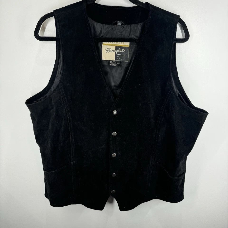 Vtg Wrangler Black Suede Leather Vest Sz XL Men’s Biker Western Country - Image 1 of 4