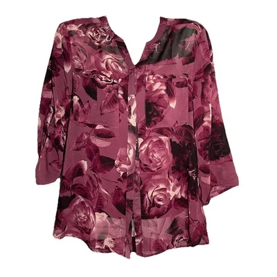 Covington Size SP Roll Tab Sleeve Rose button blouse Pockets Sheer Bloomcore Top - Image 1 of 4