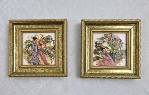 Pair HYALYN 624 Oriental Asian Scene on Ceramic Framed Tile 3" - Picture 1 of 5