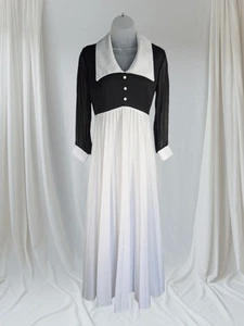 Vintage Black And White Maxi Dress Accordion Pleats Pointed Collar Sheer Sleeves - Picture 1 of 10