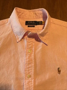 Vintage Polo Ralph Lauren Oxford Shirt Mens L Pink White Button Up Classic Fit - Picture 1 of 9