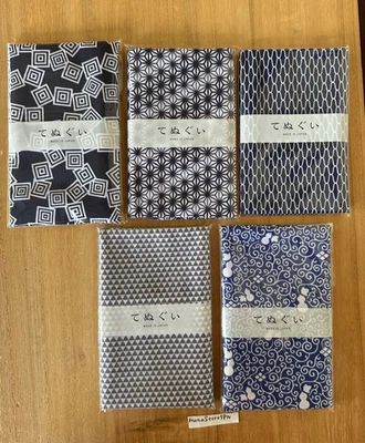 Set of 5 Japanese Tenugui Towels Cotton Fabrics Cloth Navy traditional pattern - Image 1 of 4