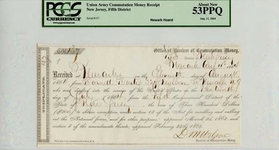 Union Army Commutation Money Receipt Aug 11 1864 PCGS AU53 PPQ - Image 1 of 2