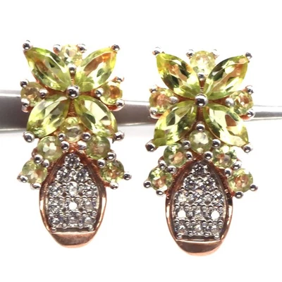 925 Sterling Silver Green Peridot & Cubic Zirconia Two Tone Birthstone Earrings - Image 1 of 4