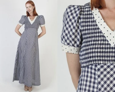 Vintage 70s Jody T Blue Gingham Plaid Dress High Waist Prairie Cottage Sundress - Image 1 of 4